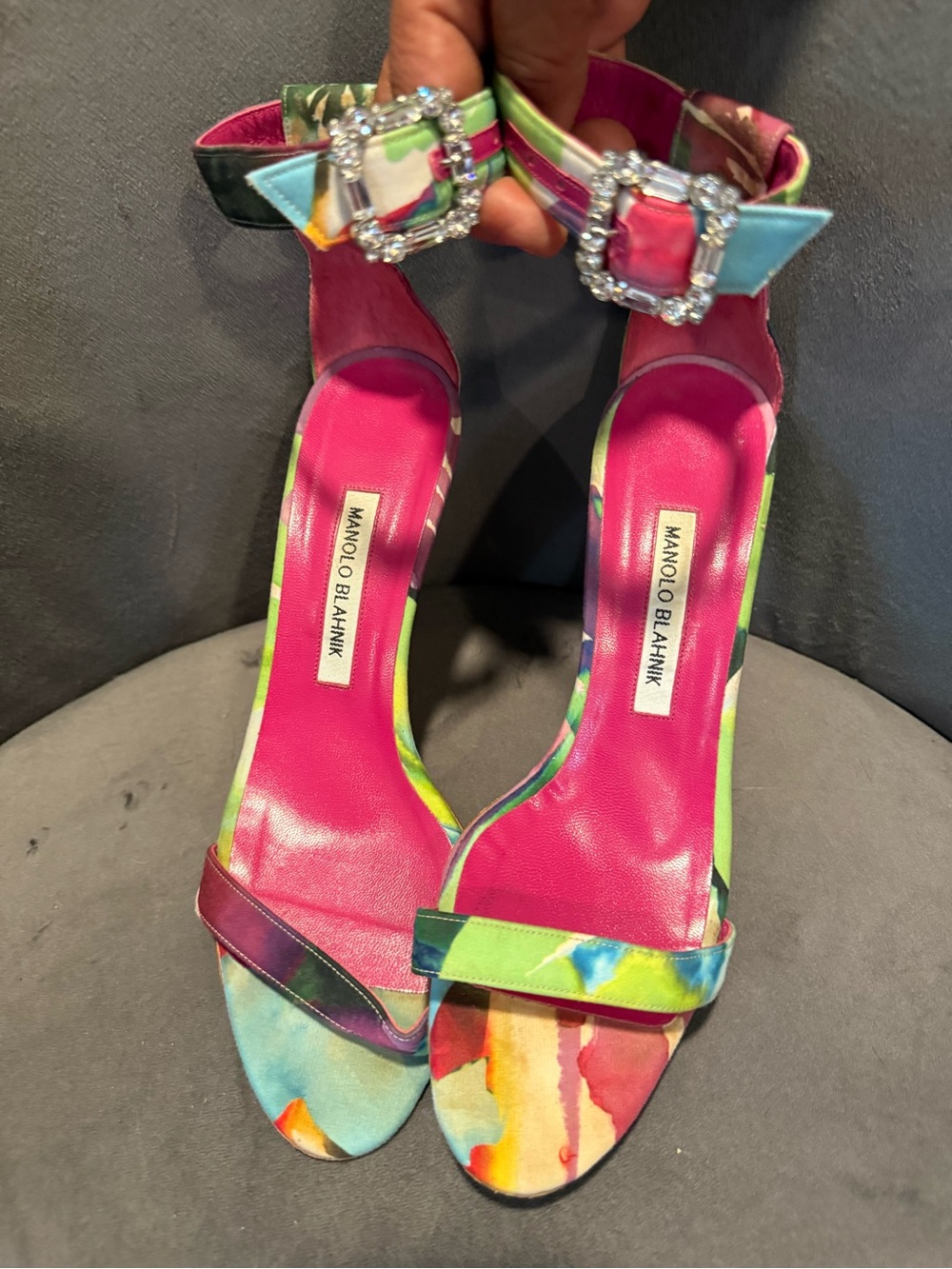 Manolo Blahnik Multicolor Satin Ankle-Strap Sandals with Pink Footbed - Picture 1 of 13